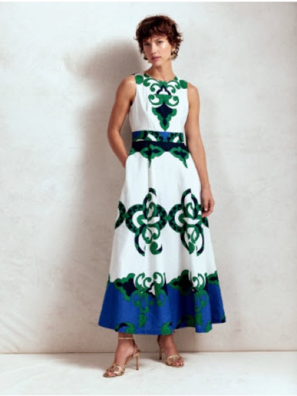 Boden Linen Maxi Dress with Green and Blue Scroll Motif - Picture 1 of 5